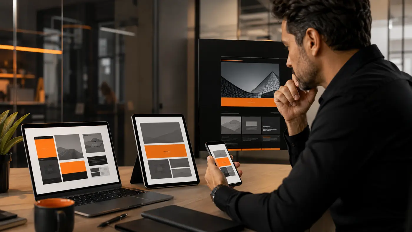Profissional avaliando a apresentação digital de uma empresa em diferentes dispositivos