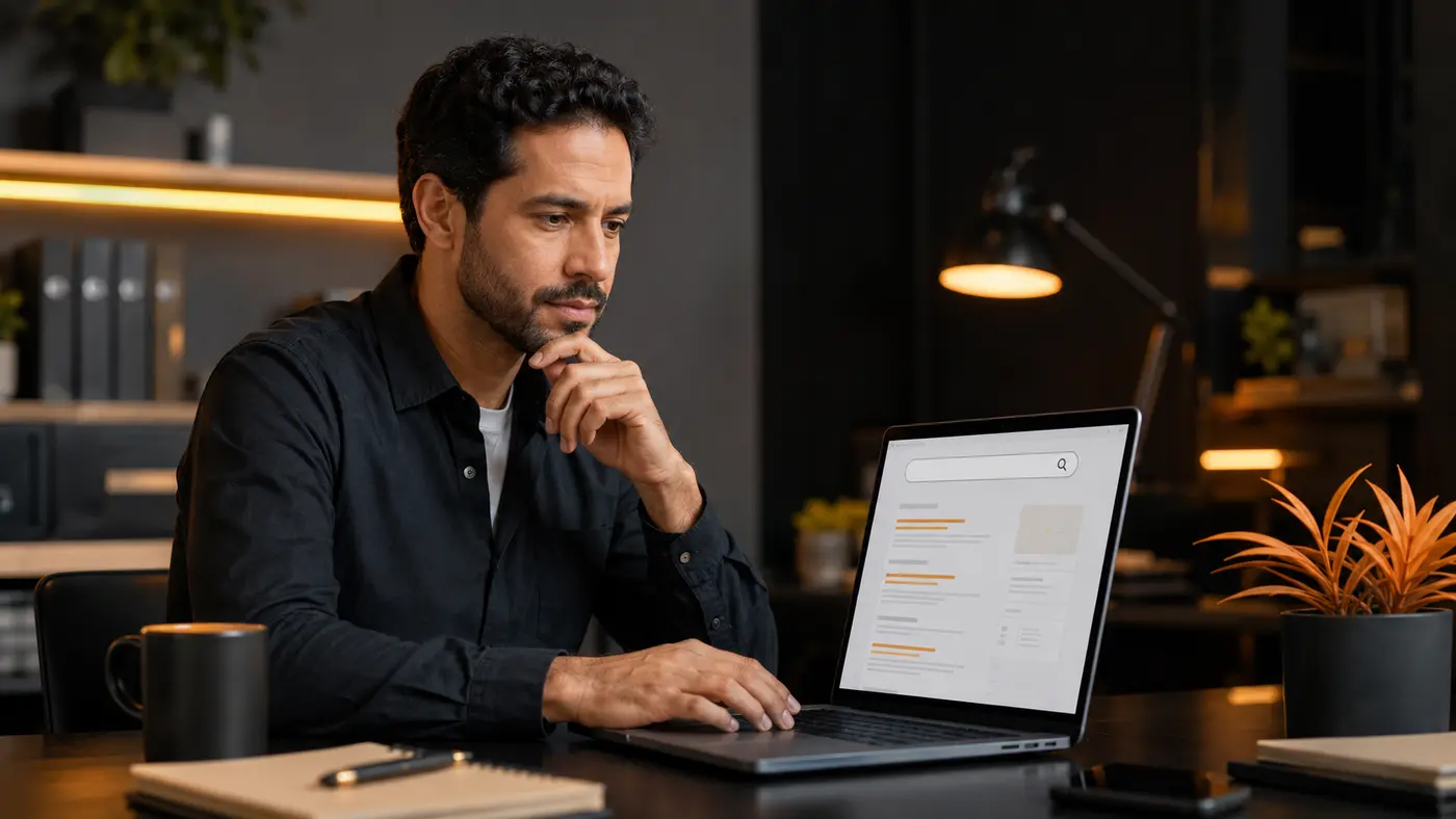 Empresário pesquisando a presença da sua empresa no Google