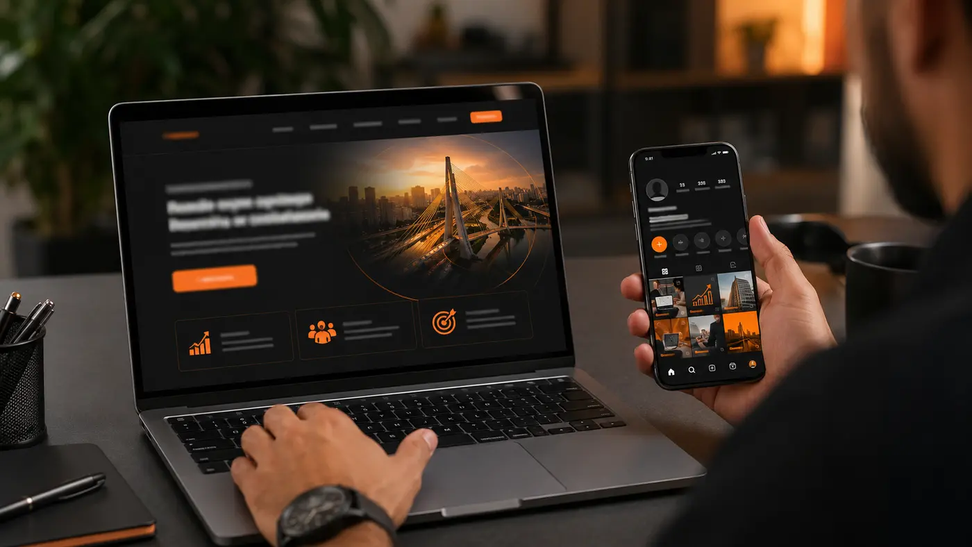 Site profissional em notebook e perfil social em celular
