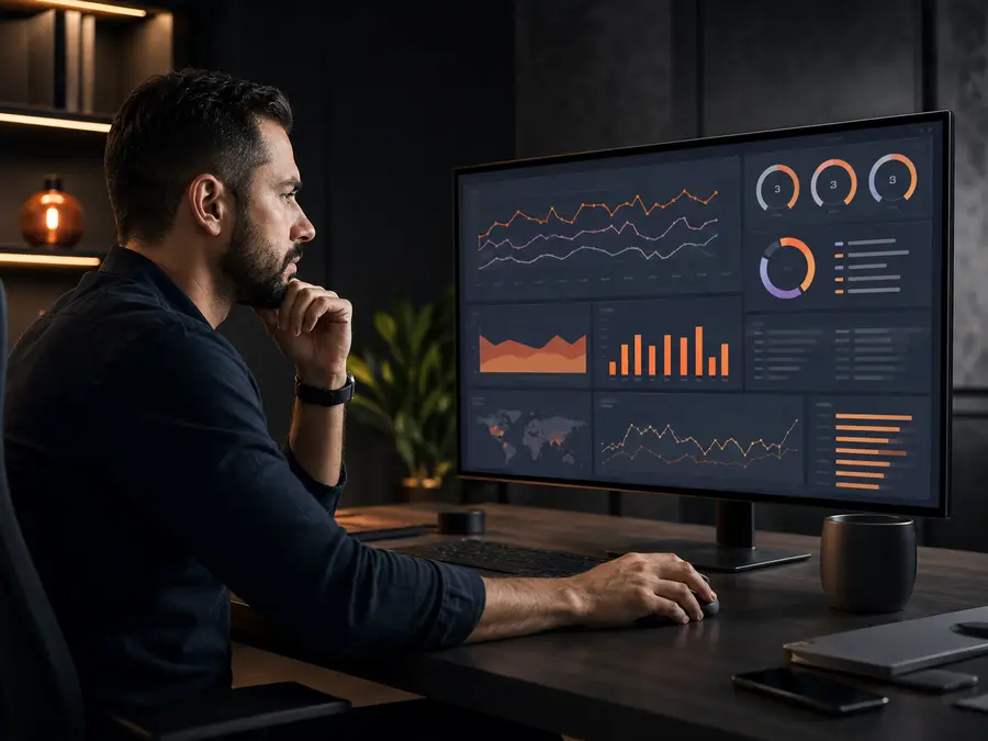 Profissional analisando desempenho e métricas de um site